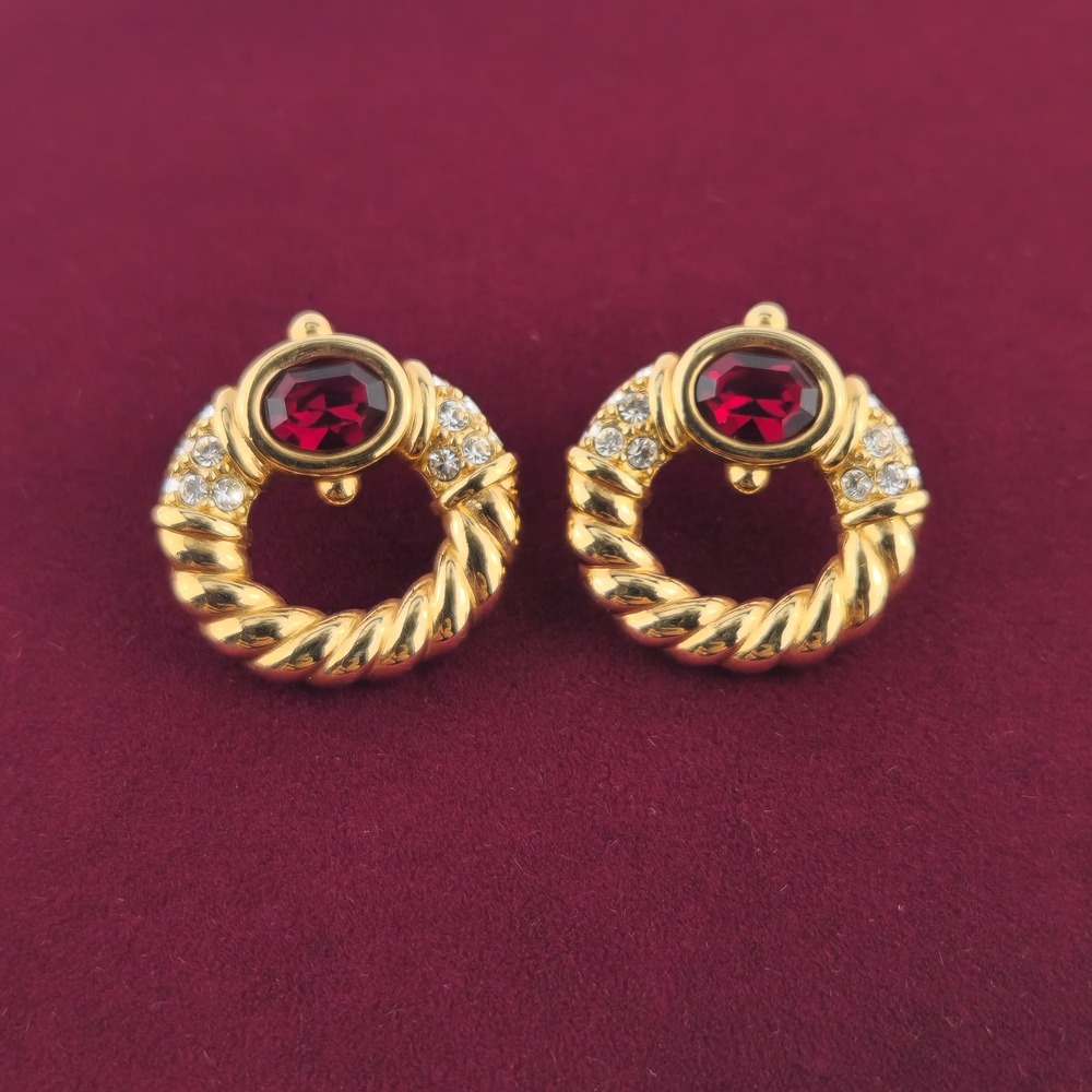 Swarovski Vintage Gold Tone Twisted Rope Ruby Red Crystal Pave Stud Earrings